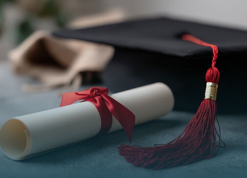 Gorra y diploma de graduación que representan la certificación y acreditación profesional.